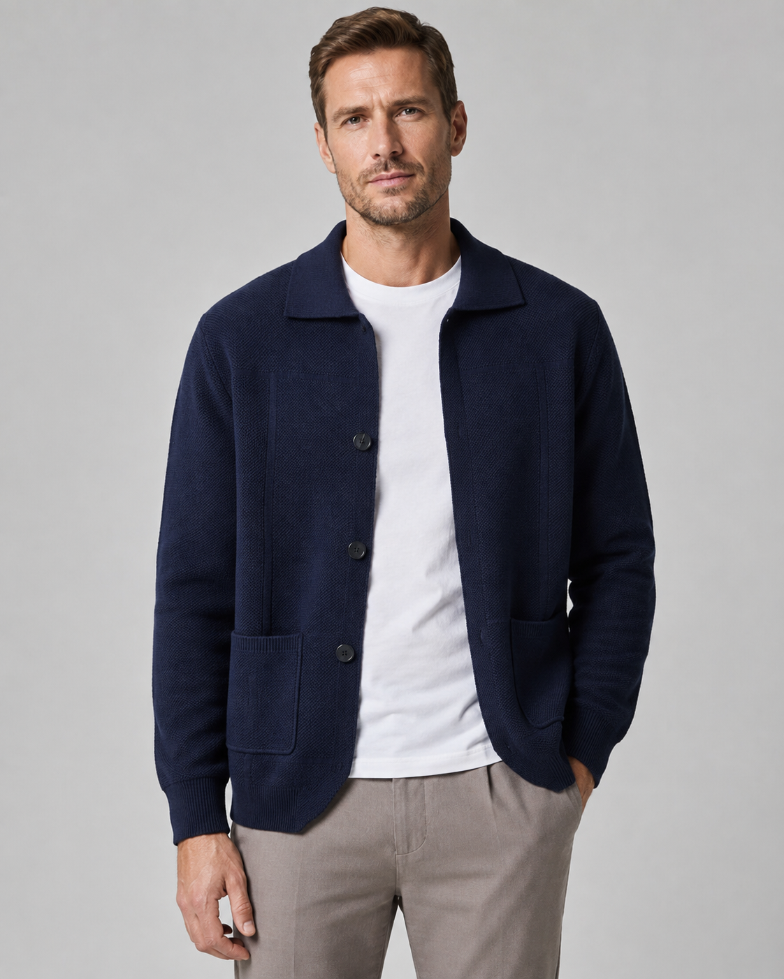 Men's Wool Knitted Overshirt - Textured Knit Button-Front