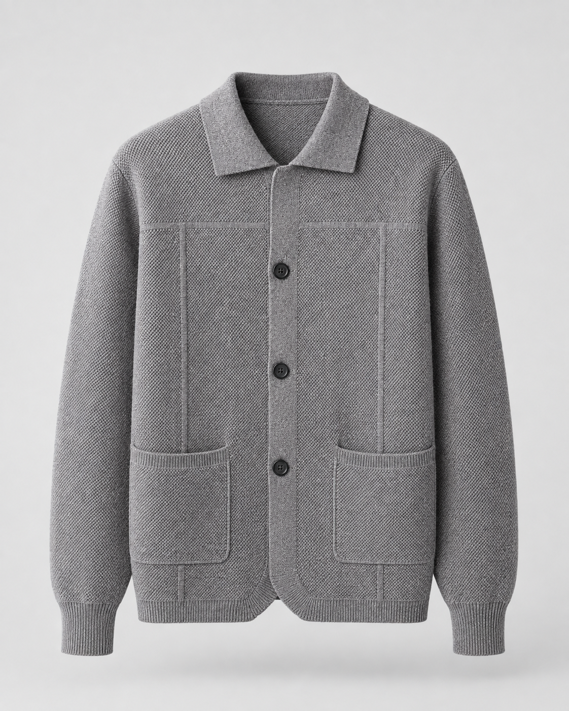 Men's Wool Knitted Overshirt - Textured Knit Button-Front