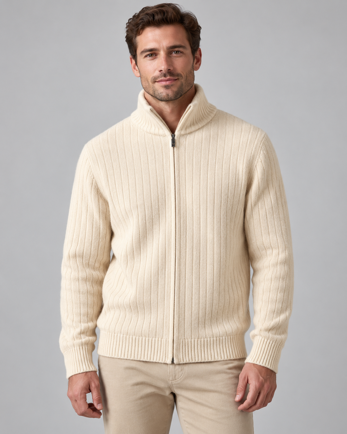 Men's Wool Knitted Zip Neck Sweater - Stand Collar Long Sleeve