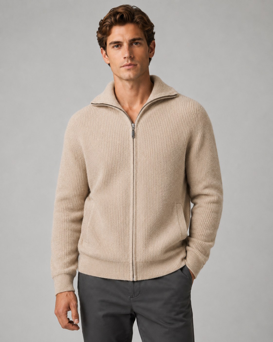 Men's Wool Quarter Zip Sweater - Ribbed Mock Neck Regular Fit