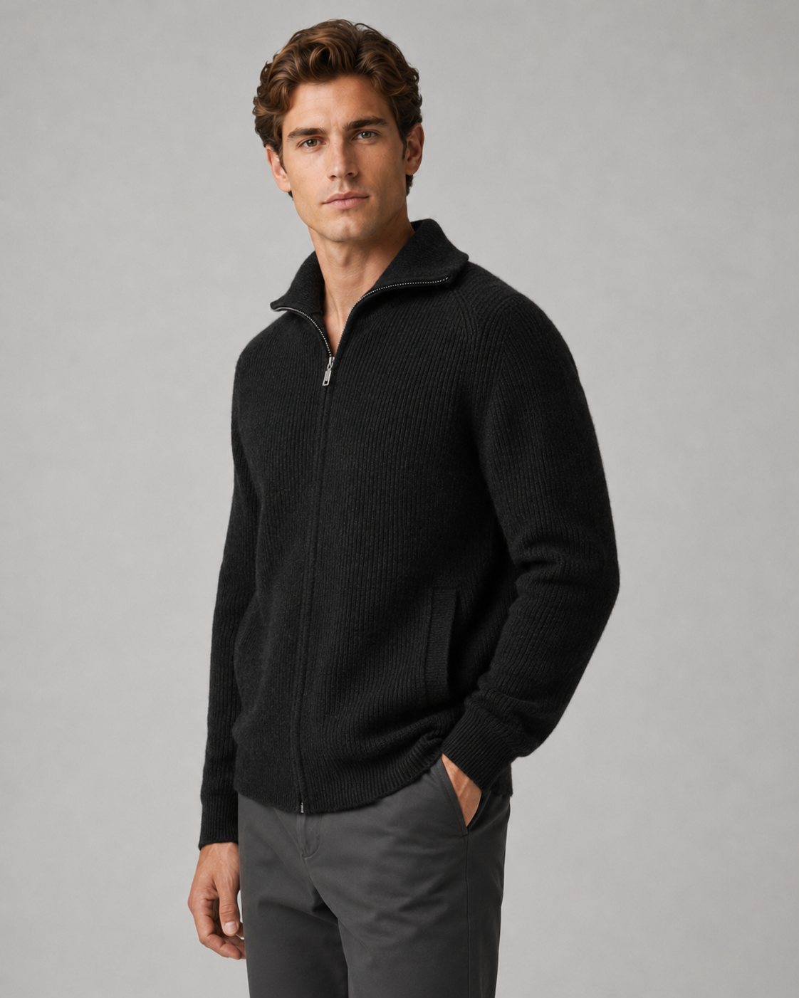 Men's Wool Quarter Zip Sweater - Ribbed Mock Neck Regular Fit