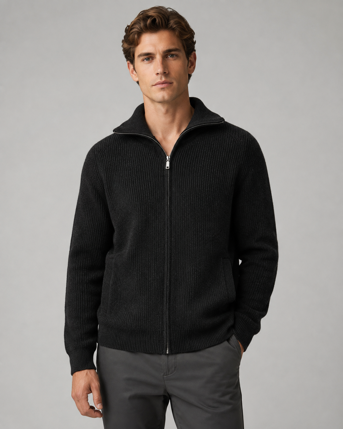 Men's Wool Quarter Zip Sweater - Ribbed Mock Neck Regular Fit