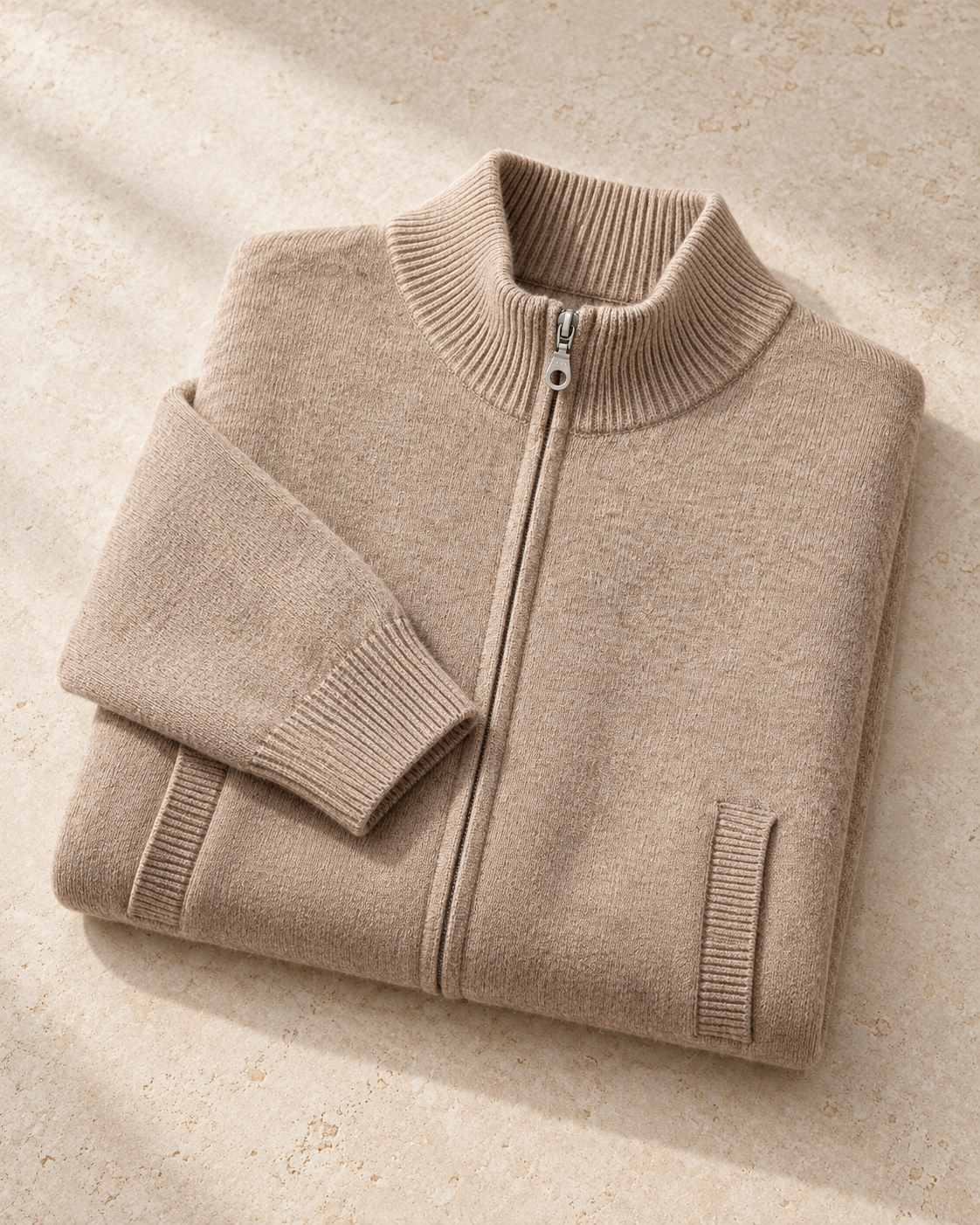 Men's Wool Zip Cardigan - Stand Collar Knit with Pockets