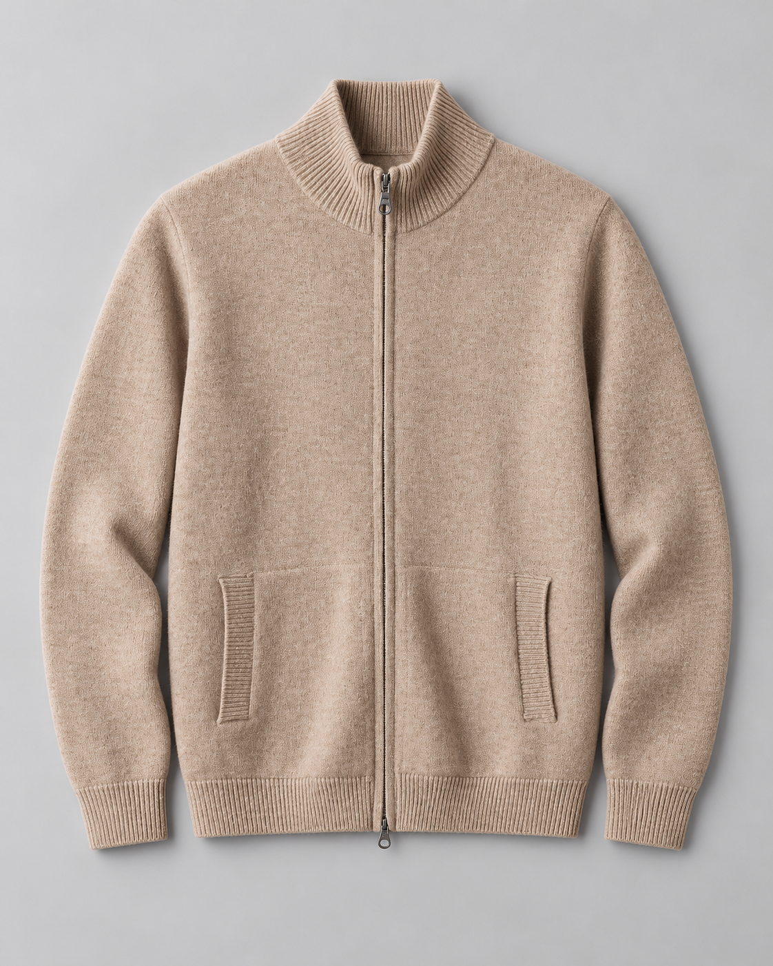 Men's Wool Zip Cardigan - Stand Collar Knit with Pockets