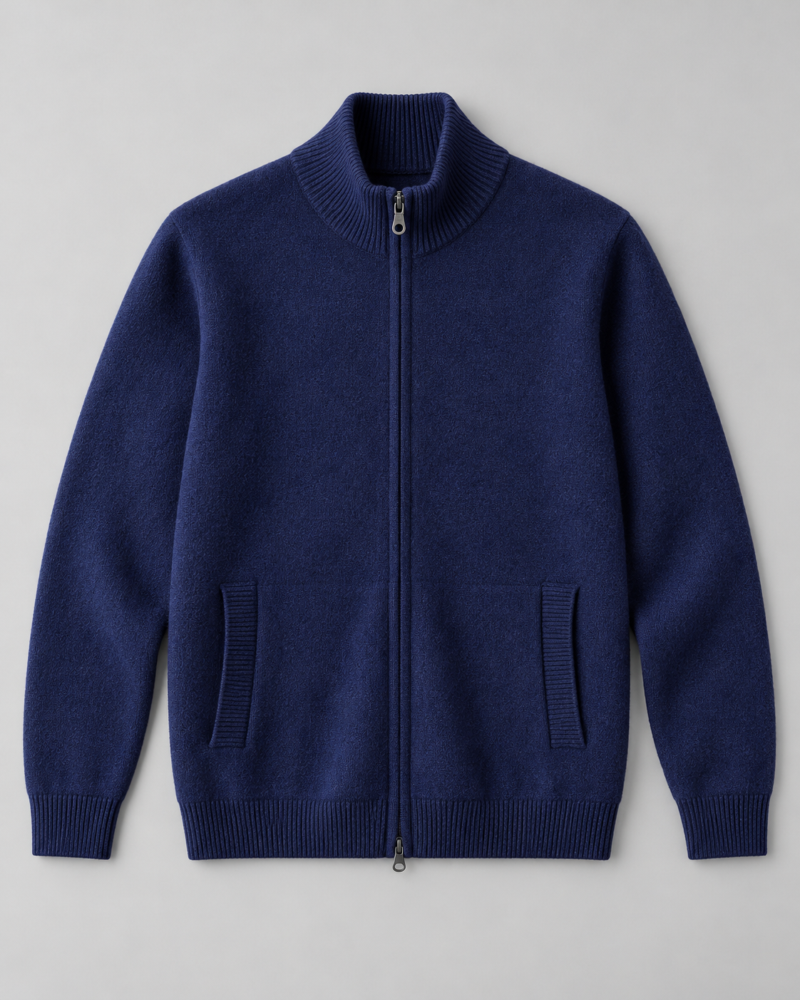 Men's Wool Zip Cardigan - Stand Collar Knit with Pockets