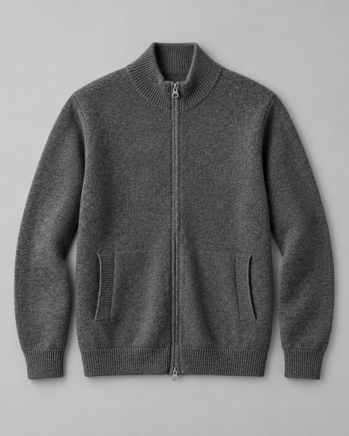 Men's Wool Zip Cardigan - Stand Collar Knit with Pockets