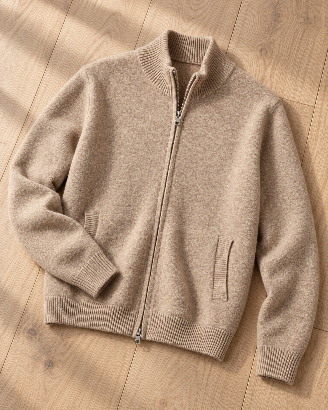 Men's Wool Zip Cardigan - Stand Collar Knit with Pockets