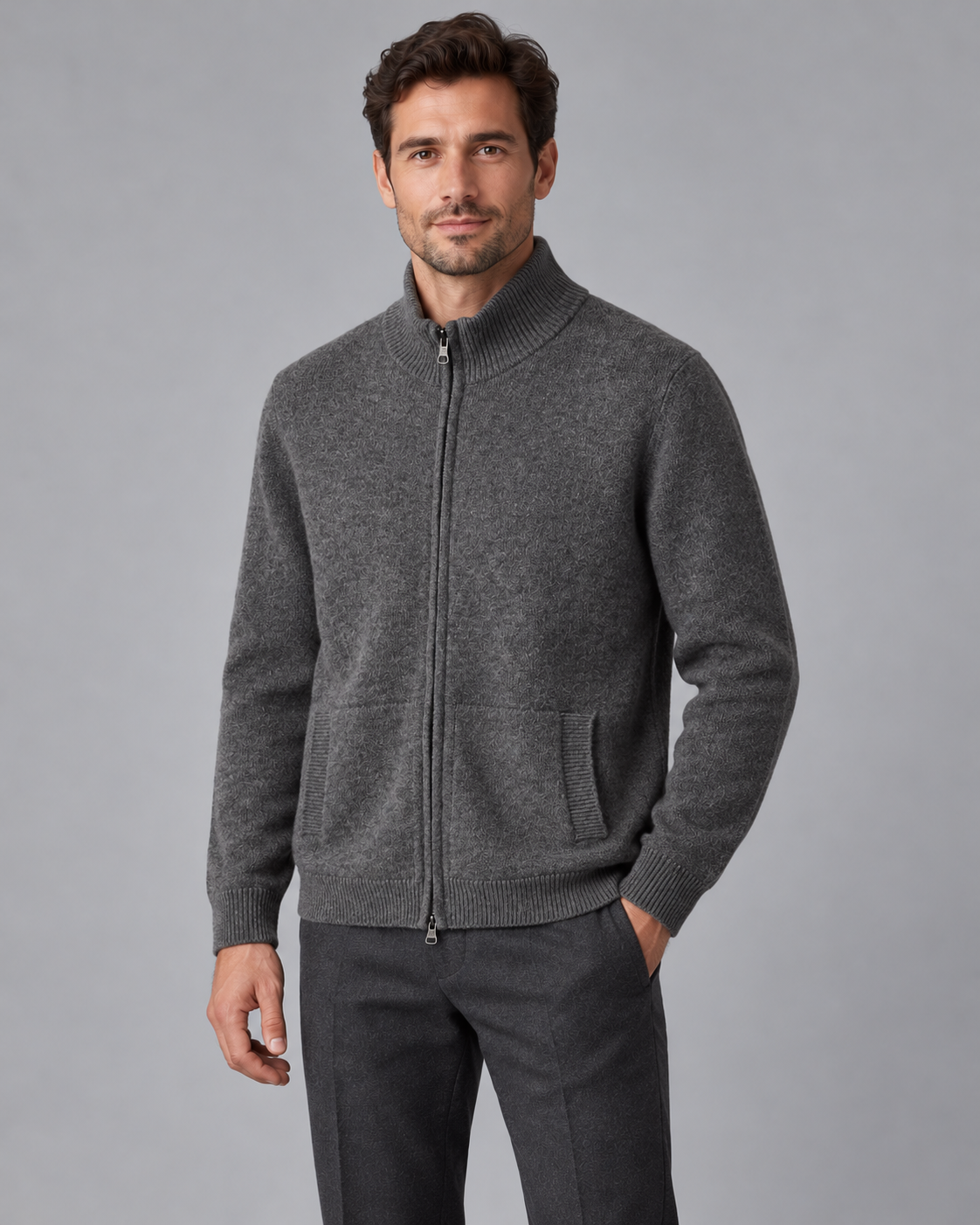 Men's Wool Zip Cardigan - Stand Collar Knit with Pockets