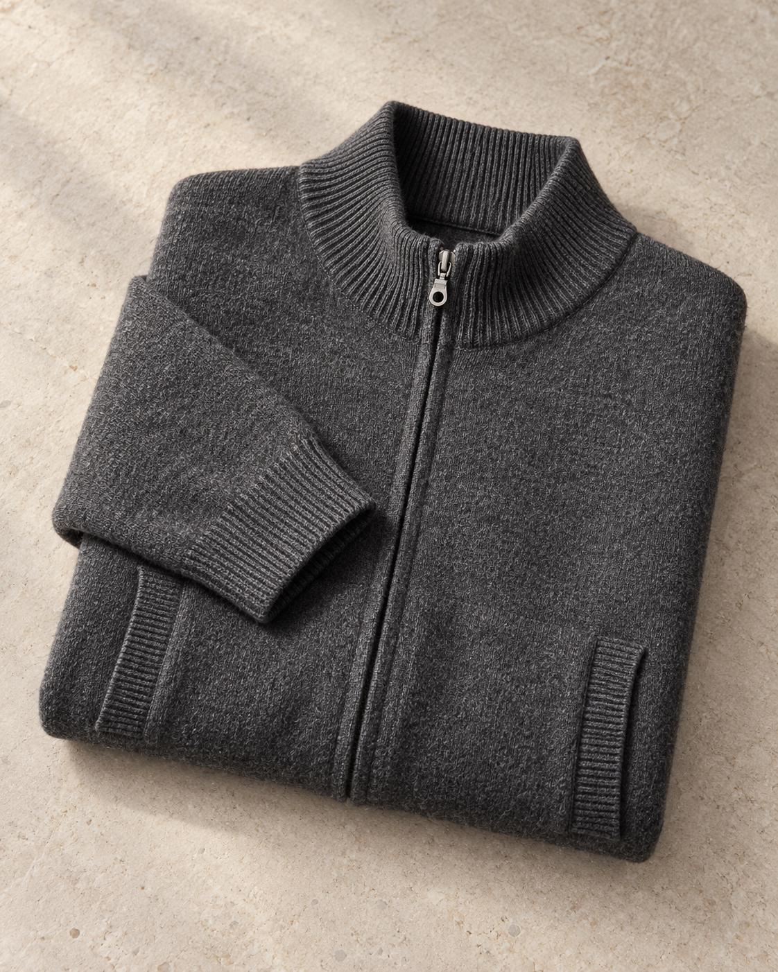 Men's Wool Zip Cardigan - Stand Collar Knit with Pockets