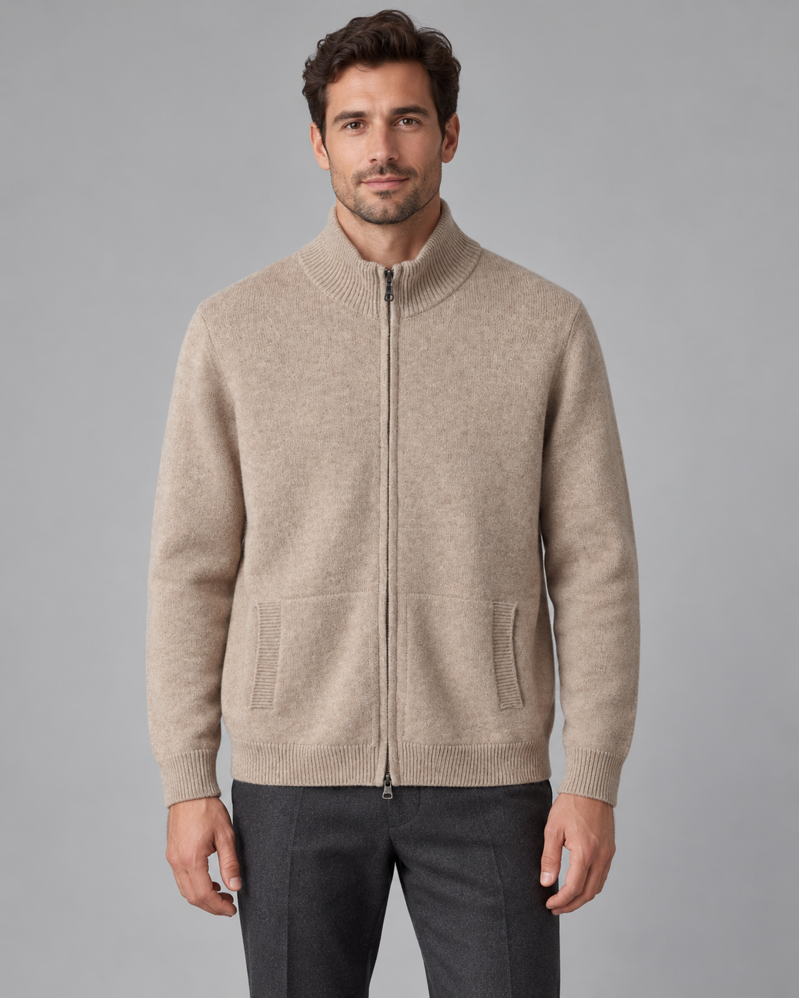Men's Wool Zip Cardigan - Stand Collar Knit with Pockets