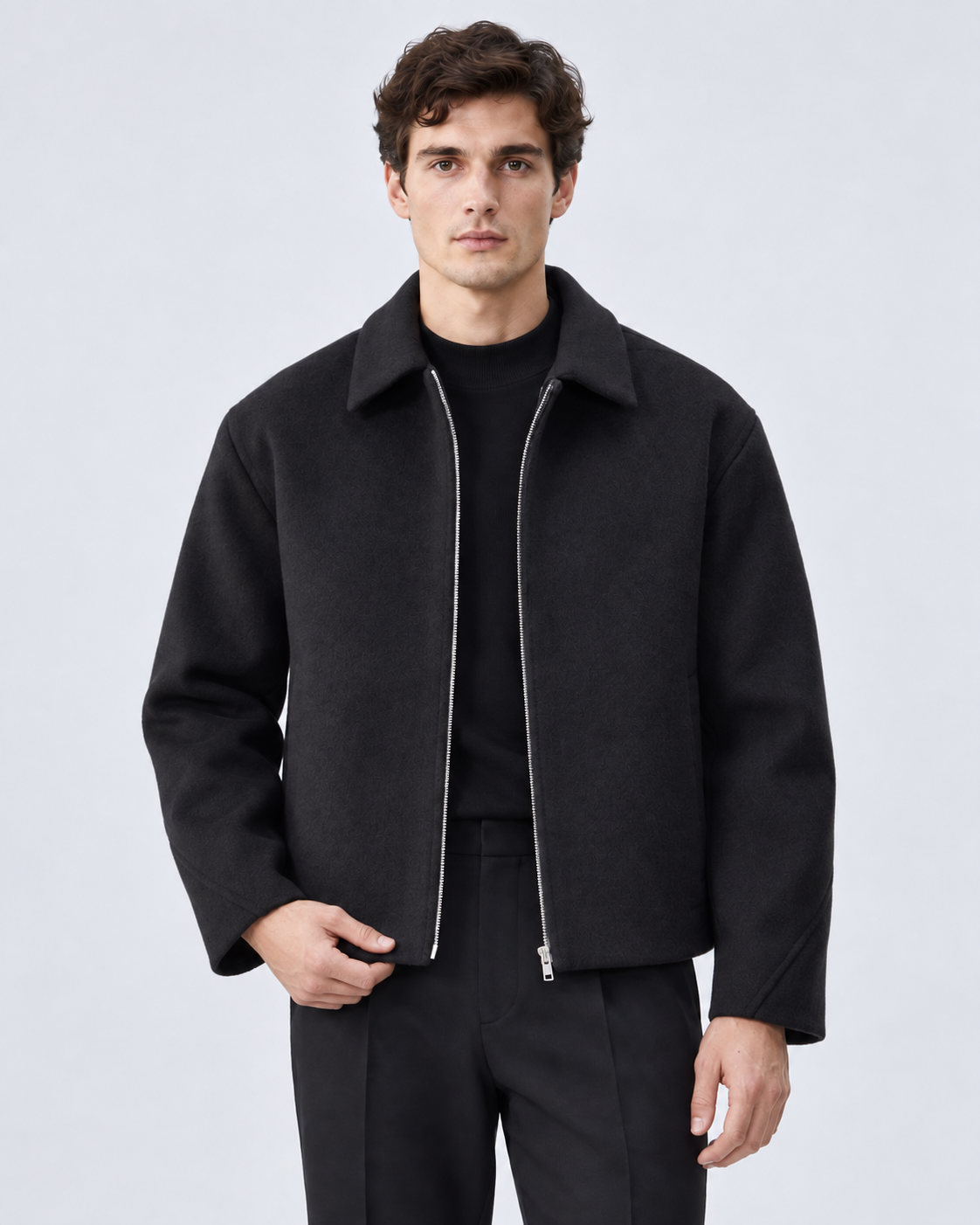 Men's Wool Zip Jacket - Point Collar Short Boxy Fit