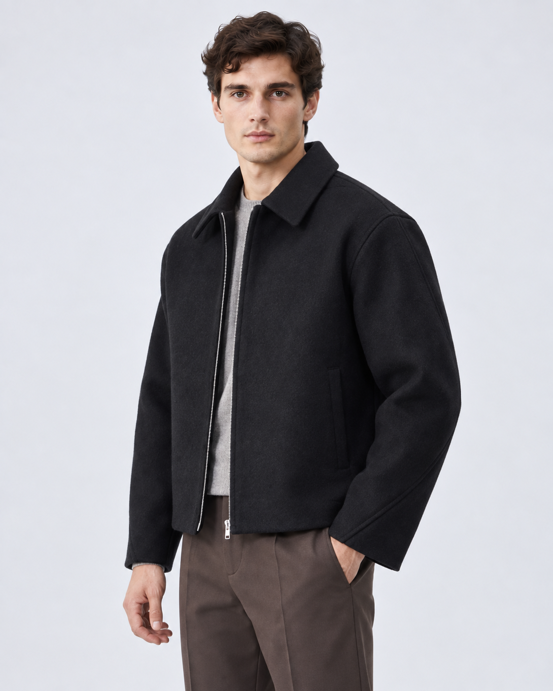 Men's Wool Zip Jacket - Point Collar Short Boxy Fit