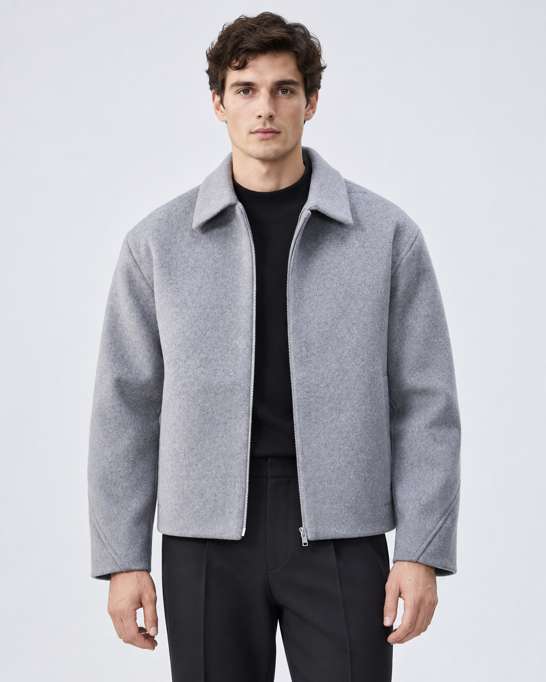 Men's Wool Zip Jacket - Point Collar Short Boxy Fit