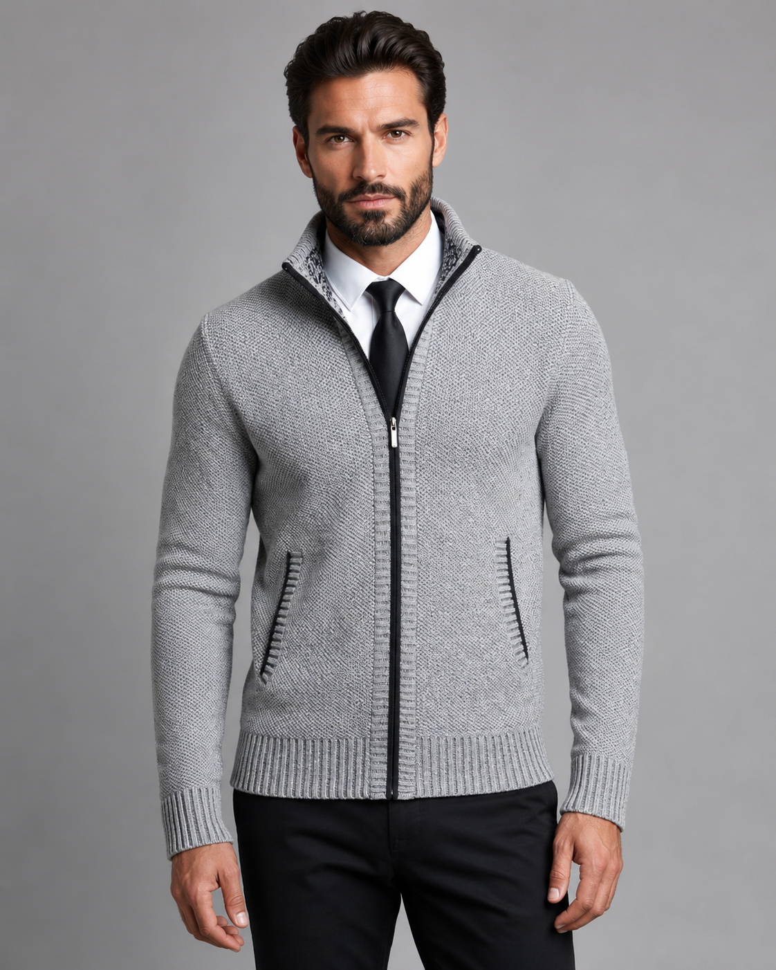 Men's Zip-Up Knitted Sweater - Funnel Neck Textured Regular Fit