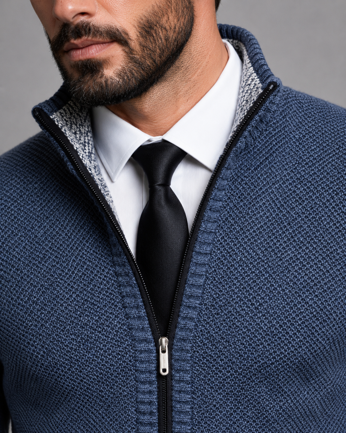 Men's Zip-Up Knitted Sweater - Funnel Neck Textured Regular Fit