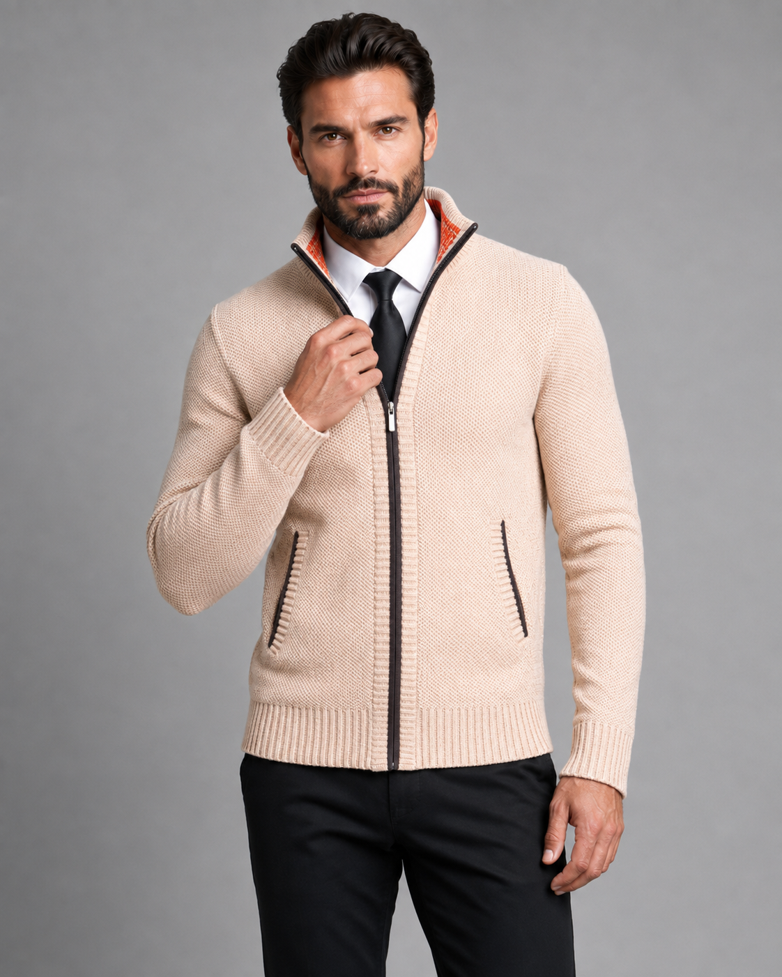Men's Zip-Up Knitted Sweater - Funnel Neck Textured Regular Fit