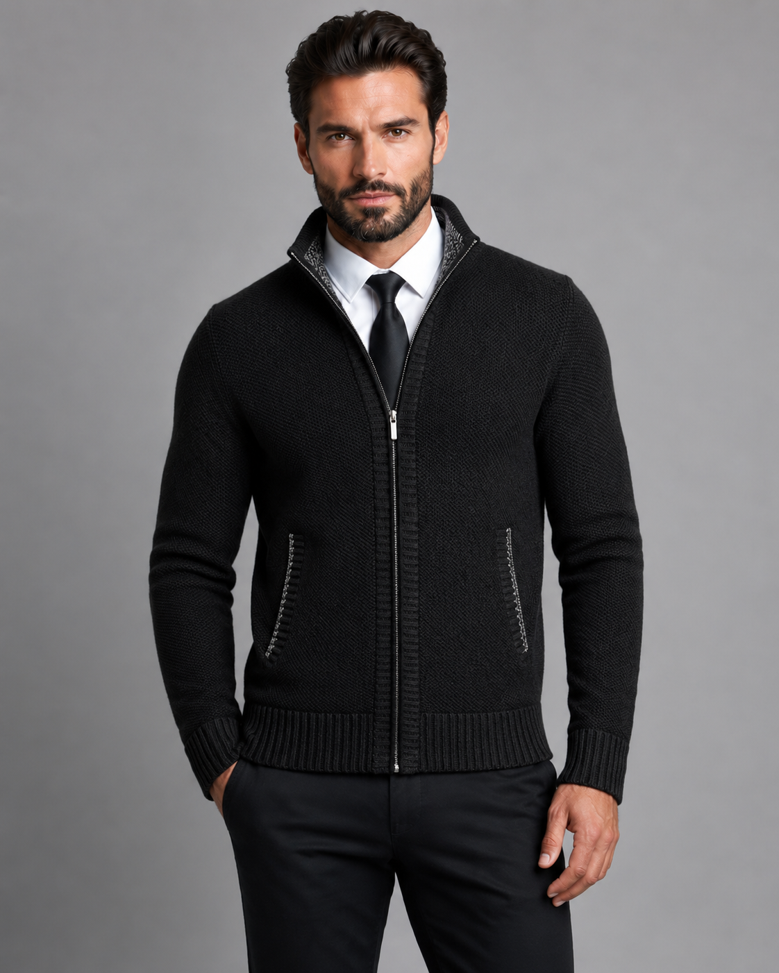 Men's Zip-Up Knitted Sweater - Funnel Neck Textured Regular Fit