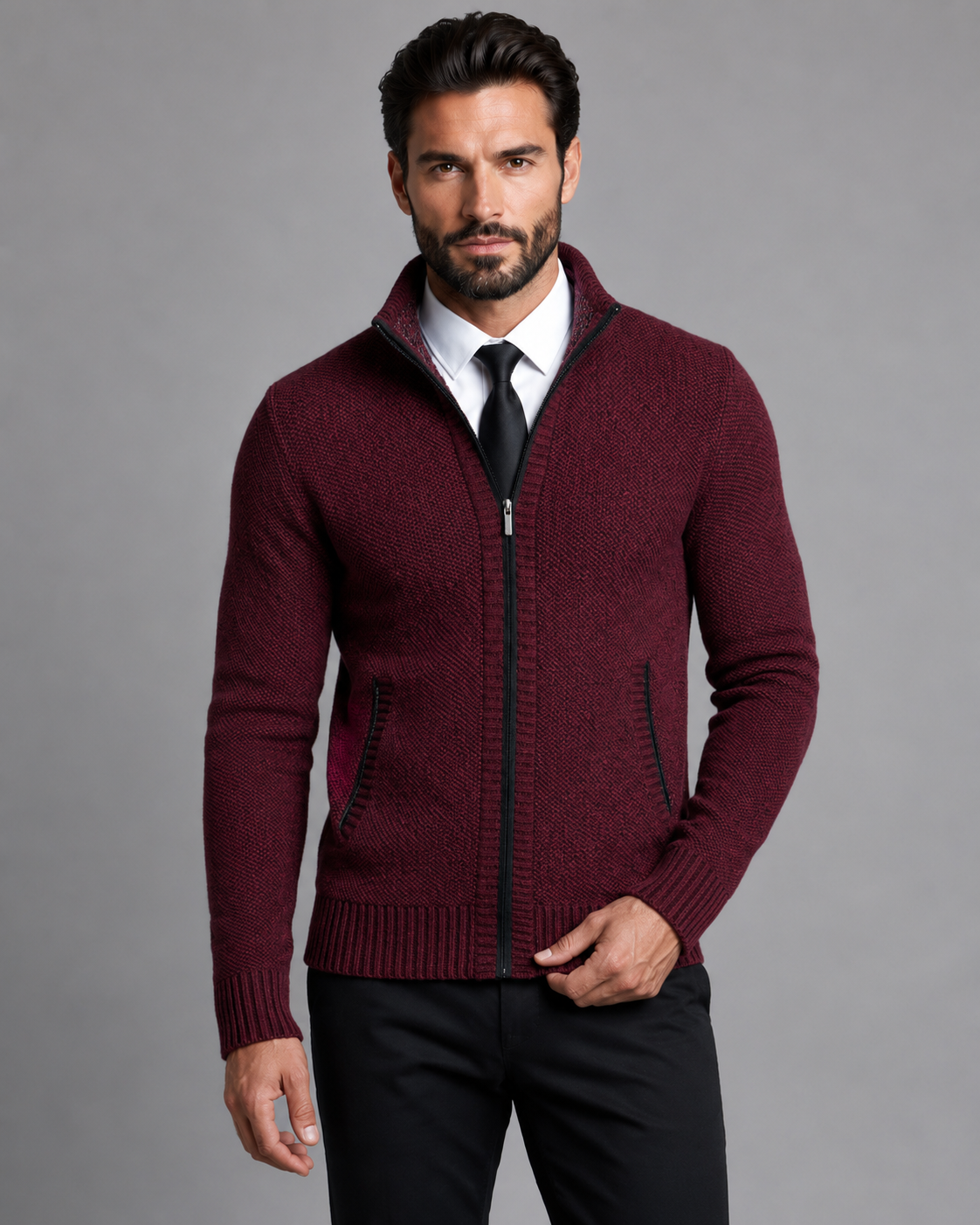 Men's Zip-Up Knitted Sweater - Funnel Neck Textured Regular Fit