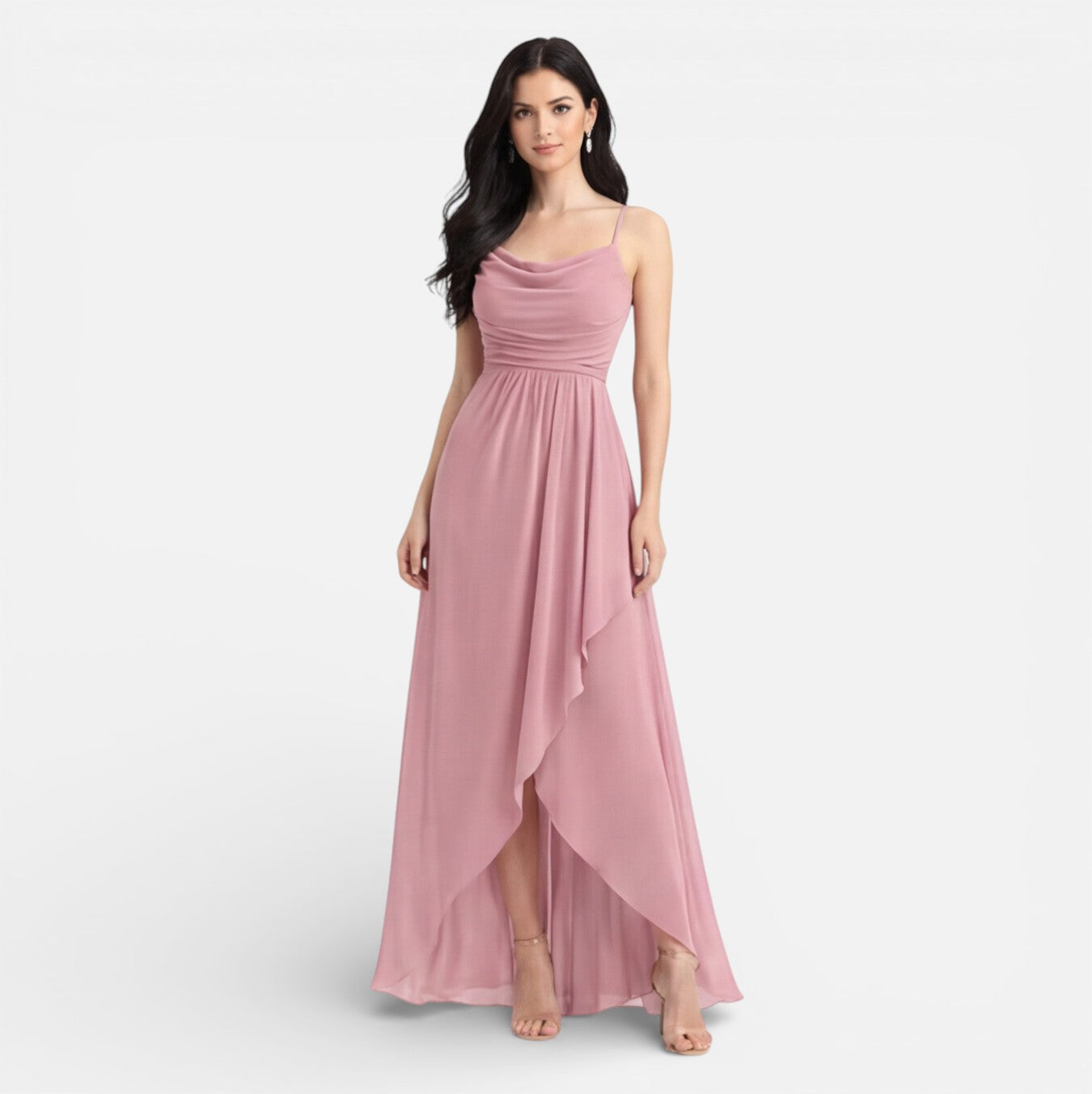 Felorro | Pink Bridesmaid Dress Chiffon Cowl Neck High Low Wedding