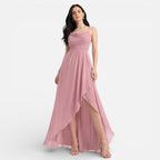 Felorro | Pink Bridesmaid Dress Chiffon Cowl Neck High Low Wedding