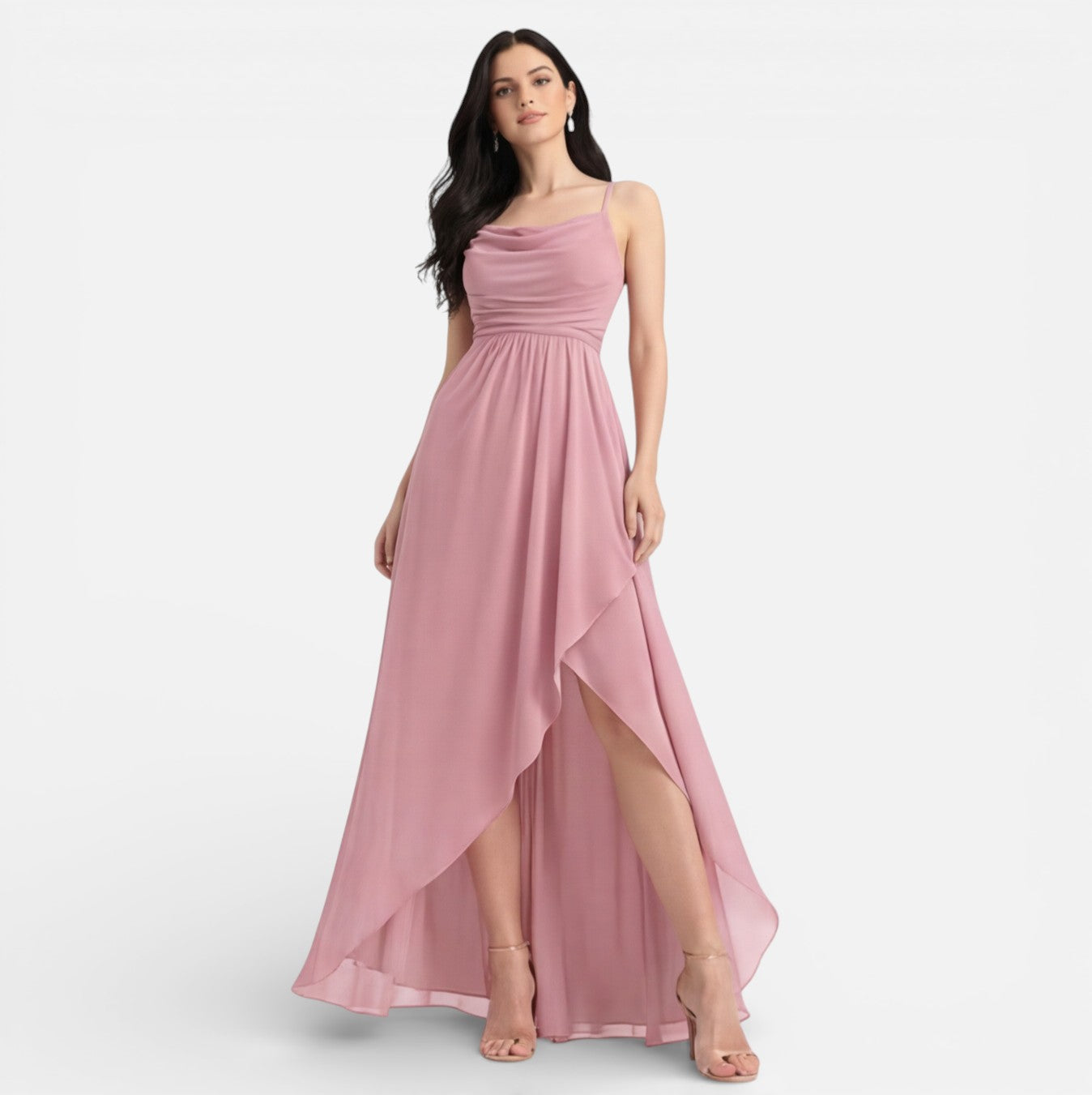 Felorro | Pink Bridesmaid Dress Chiffon Cowl Neck High Low Wedding
