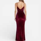 Felorro | Women’s Velvet Evening Dress Slim Fit High Slit Spaghetti Strap Maxi