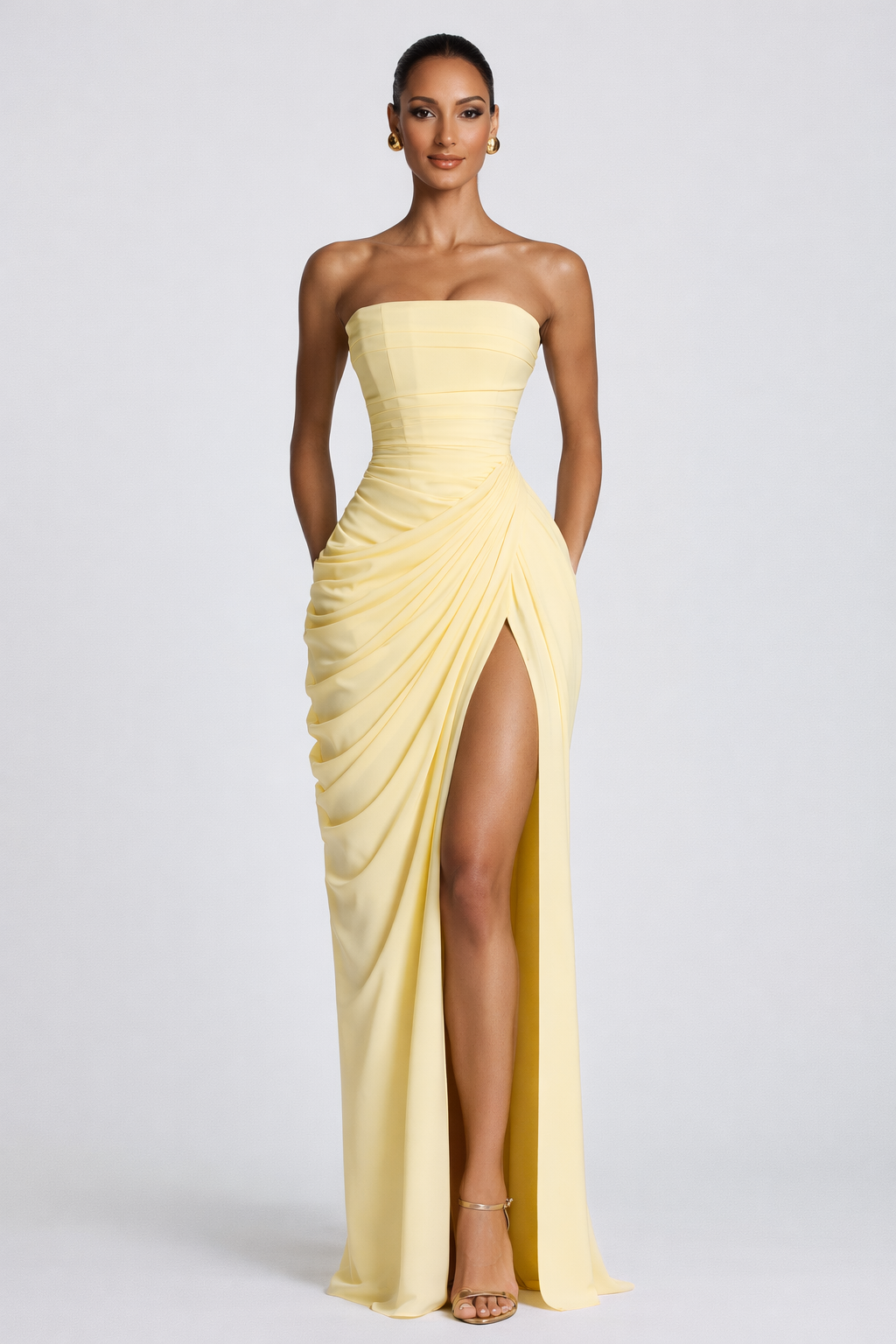 Women's Strapless Maxi Dress with Ruched Waist