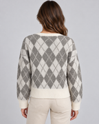 Women's Argyle Knit Cardigan - Button Front Relaxed Fit Crew Neck