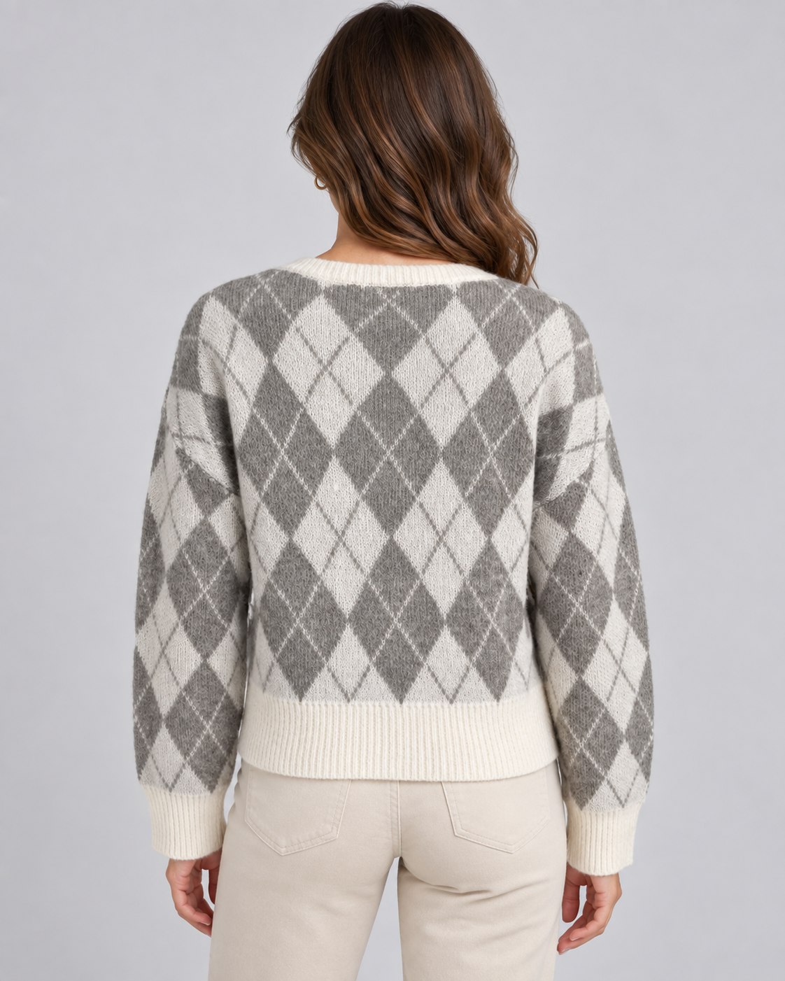 Women's Argyle Knit Cardigan - Button Front Relaxed Fit Crew Neck