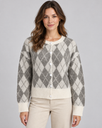 Women's Argyle Knit Cardigan - Button Front Relaxed Fit Crew Neck