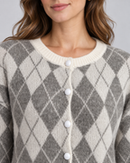 Women's Argyle Knit Cardigan - Button Front Relaxed Fit Crew Neck
