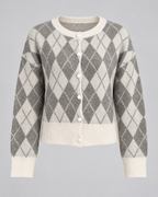 Women's Argyle Knit Cardigan - Button Front Relaxed Fit Crew Neck