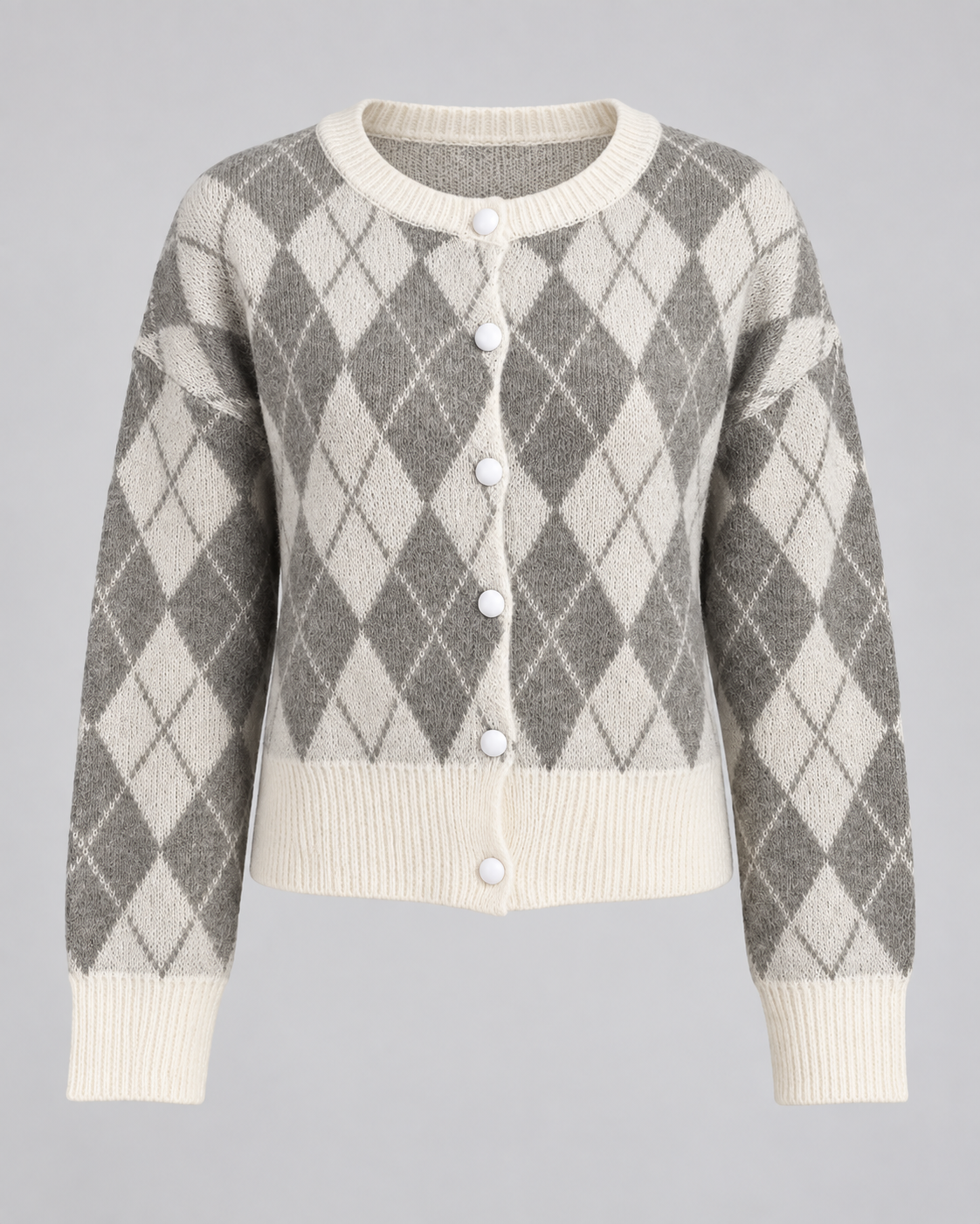 Women's Argyle Knit Cardigan - Button Front Relaxed Fit Crew Neck