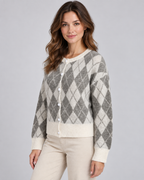 Women's Argyle Knit Cardigan - Button Front Relaxed Fit Crew Neck
