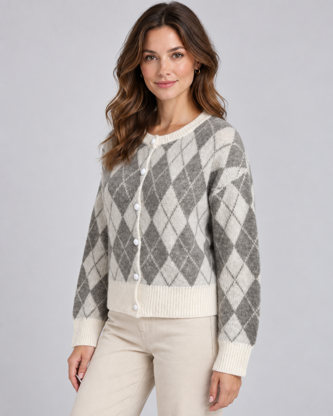 Women's Argyle Knit Cardigan - Button Front Relaxed Fit Crew Neck