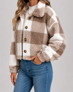 Women's Checked Teddy Fleece Jacket with Button Front