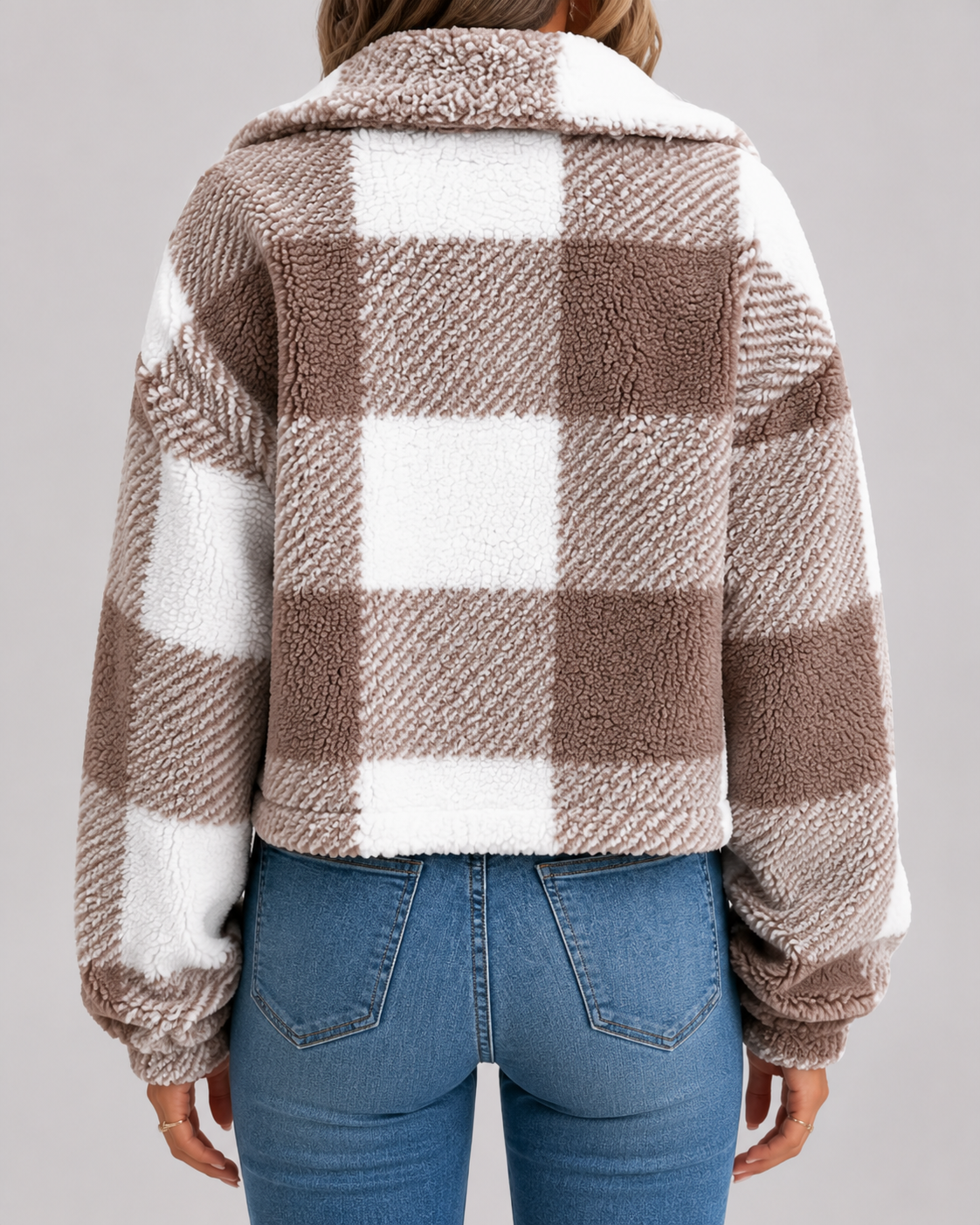Women's Checked Teddy Fleece Jacket with Button Front