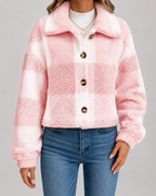 Women's Checked Teddy Fleece Jacket with Button Front