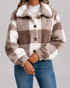 Women's Checked Teddy Fleece Jacket with Button Front