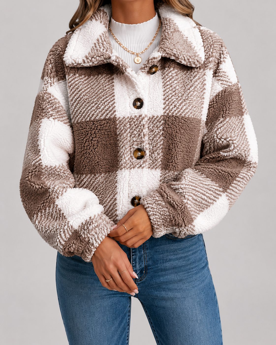 Women's Checked Teddy Fleece Jacket with Button Front