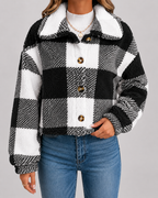 Women's Checked Teddy Fleece Jacket with Button Front