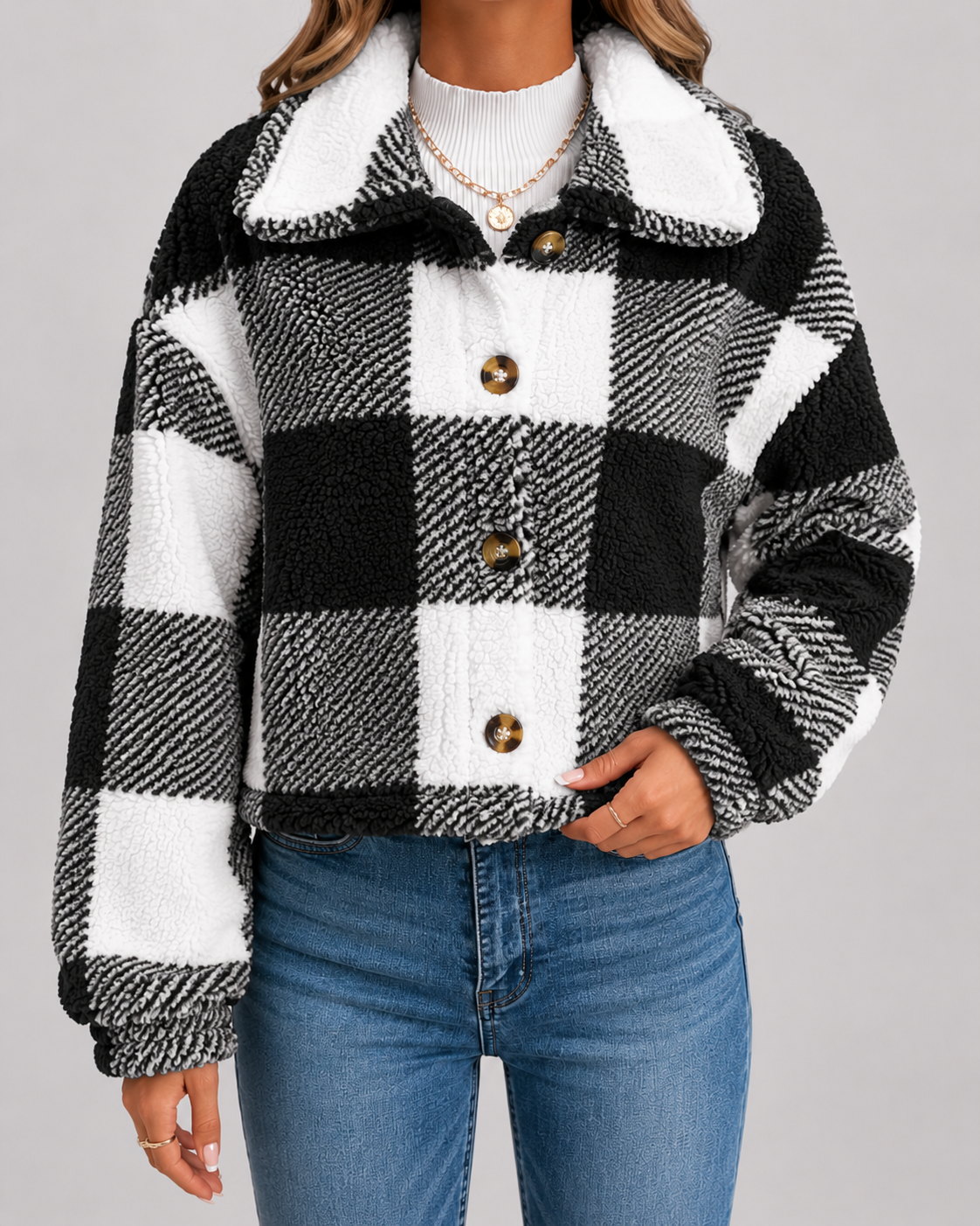 Women's Checked Teddy Fleece Jacket with Button Front