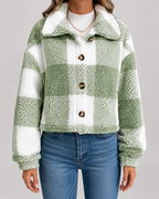 Women's Checked Teddy Fleece Jacket with Button Front
