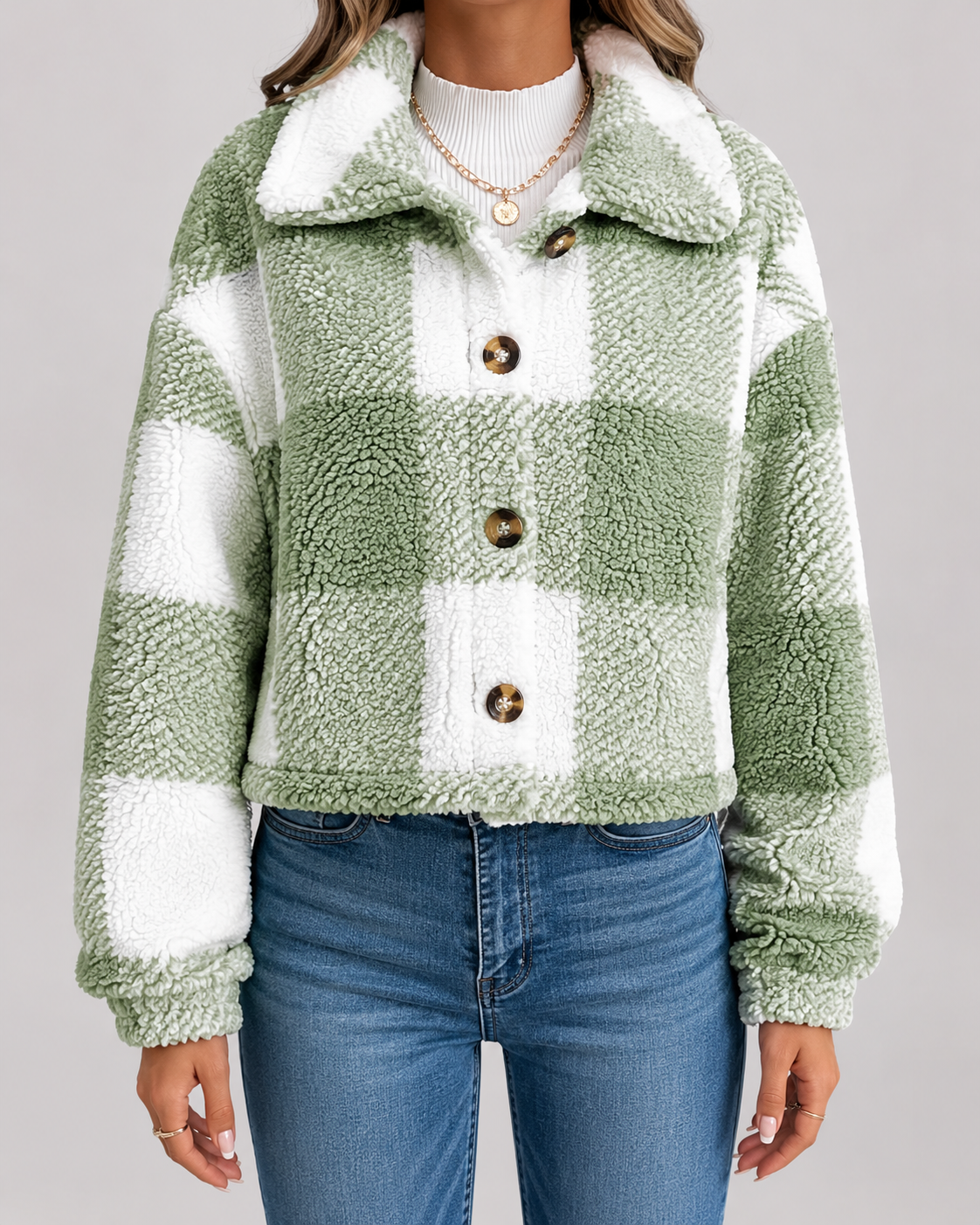 Women's Checked Teddy Fleece Jacket with Button Front