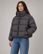 Women's Checked Puffer Coat Funnel Neck Padded Winter