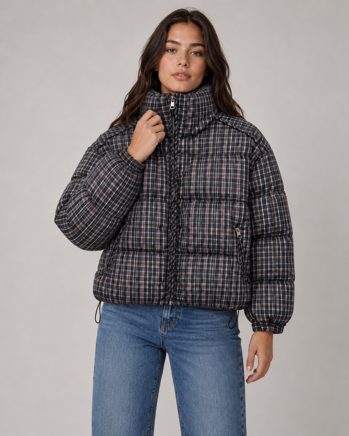 Women's Checked Puffer Coat Funnel Neck Padded Winter
