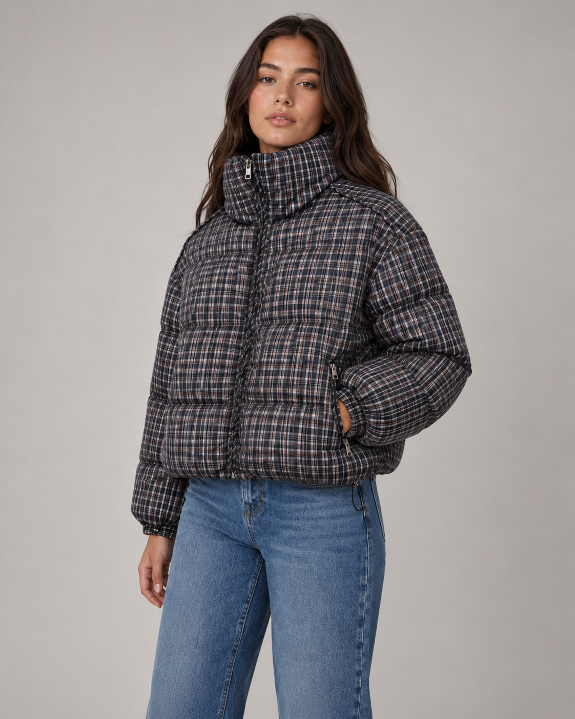 Women's Checked Puffer Coat Funnel Neck Padded Winter