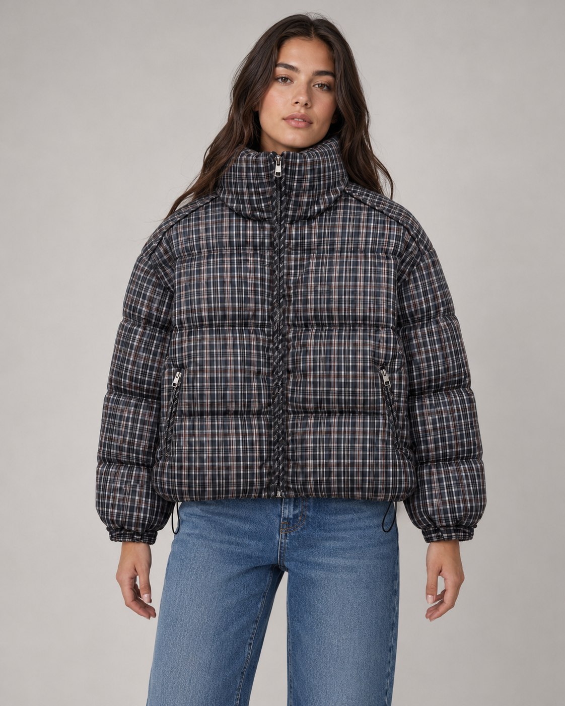 Women's Checked Puffer Coat Funnel Neck Padded Winter