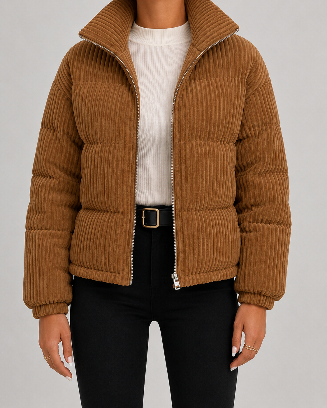 Women's Corduroy Puffer Jacket with Funnel Neck