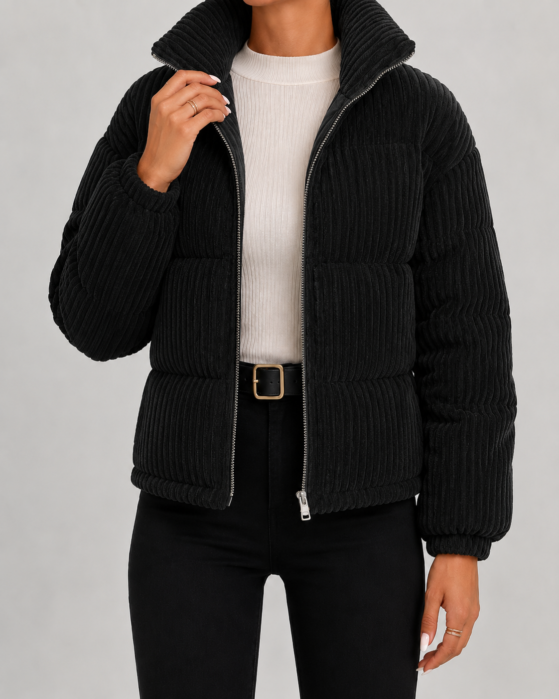 Women's Corduroy Puffer Jacket with Funnel Neck